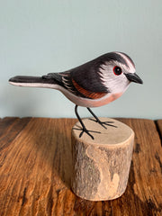 Handpainted Carved Long-tailed Tit on Wood