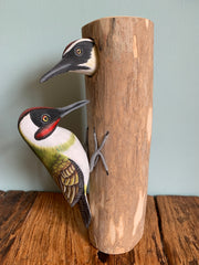 Handpainted Carved Green Woodpecker & Baby on Wood