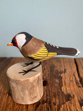Handpainted Carved Wooden Goldfinch on Wood