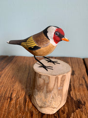 Handpainted Carved Wooden Goldfinch on Wood