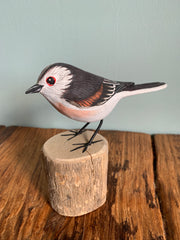 Handpainted Carved Long-tailed Tit on Wood