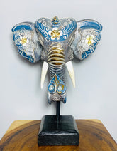 Elephant Mask On Plinth - Blue, Grey & Gold