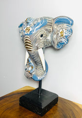 Elephant Mask On Plinth - Blue, Grey & Gold