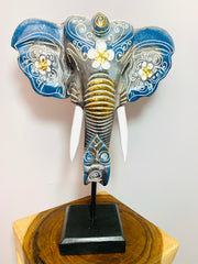 Elephant Mask On Plinth - Blue, Grey & Gold