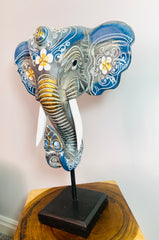 Elephant Mask On Plinth - Blue, Grey & Gold