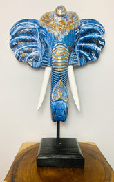 Elephant Mask On Plinth - Blue & Gold
