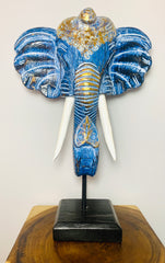 Elephant Mask On Plinth - Blue & Gold