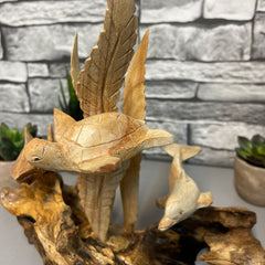 Wood Shark, Turtle and Dolphin on Log