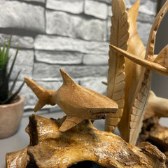 Wood Shark, Turtle and Dolphin on Log