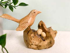 Wooden Single Bird with Eggs on Log
