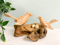 Wooden Double Bird with Eggs on Log