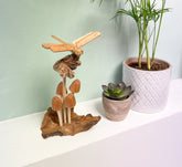 Wooden Carved Dragonfly on Mushrooms