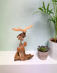 Wooden Carved Dragonfly on Mushrooms