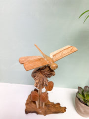 Wooden Carved Dragonfly on Mushrooms
