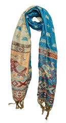 Turquoise and Gold Elephant Cashmere Scarf