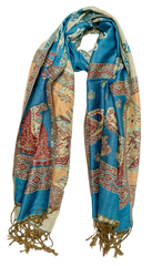 Turquoise and Gold Elephant Cashmere Scarf
