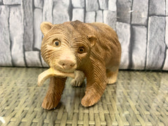 Carved Wooden Bear with Fish Brown - Various Sizes
