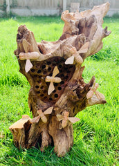Wooden Bee Hotel Standing with 6 Hand Carved Bees