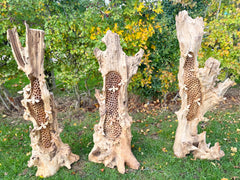 Giant Wooden Bee Hotel Standing with 8 Hand Carved Bees 80-90cm