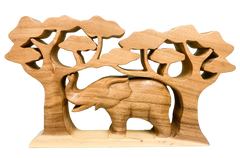 Elephant and Tree Wooden Carving