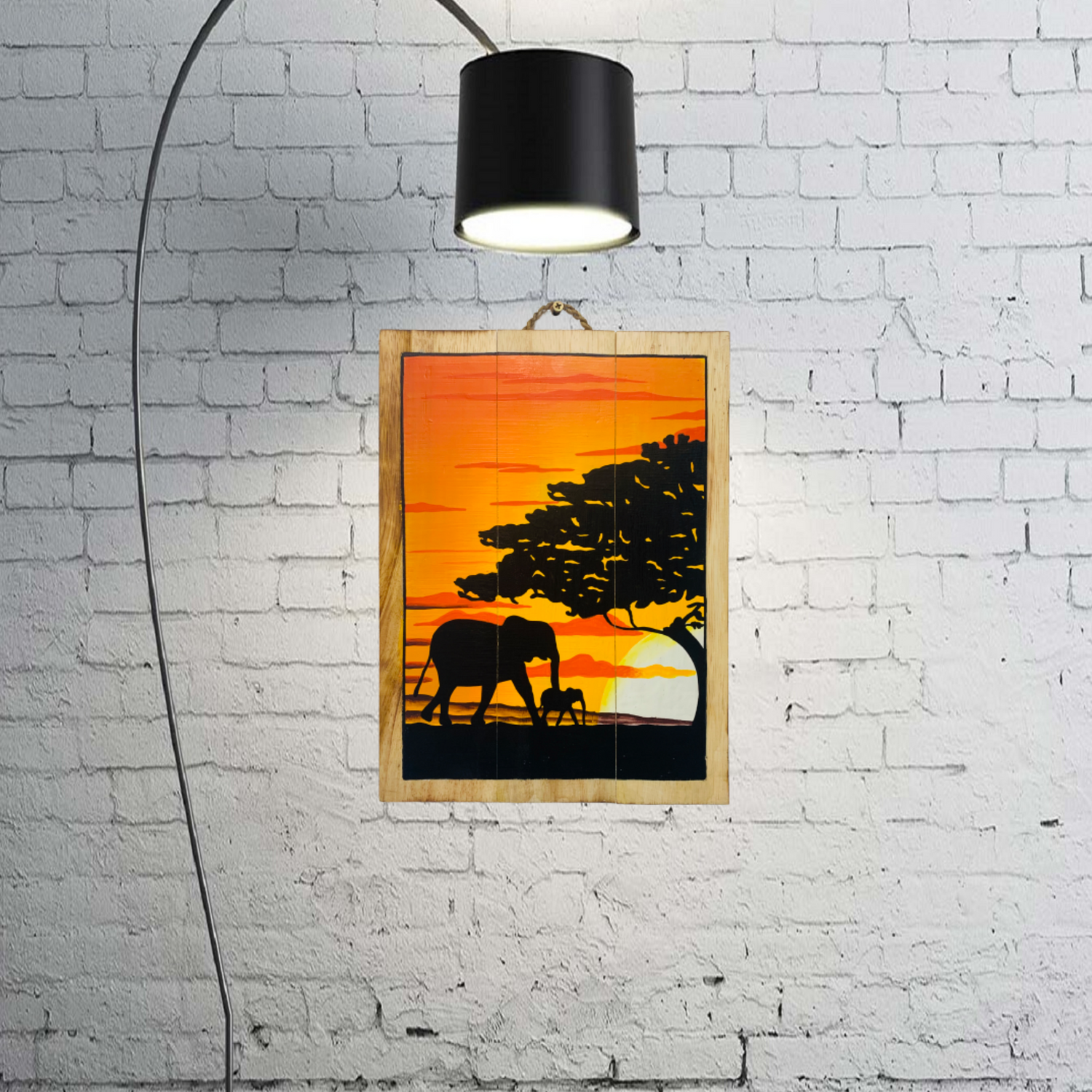 Wooden Picture - Elephants Sunset