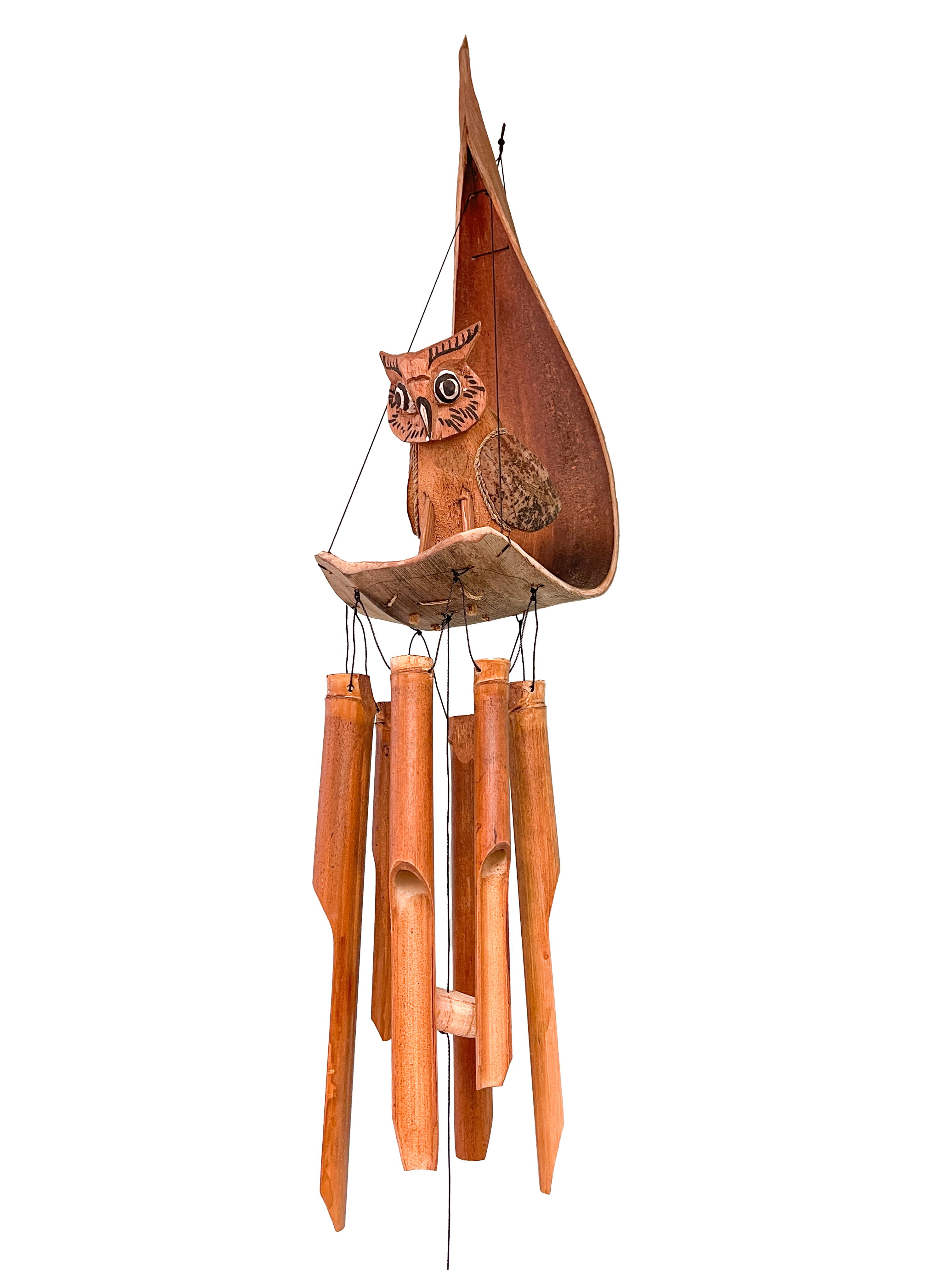 Bamboo Windchime with Sitting Owl On Palm Leaf