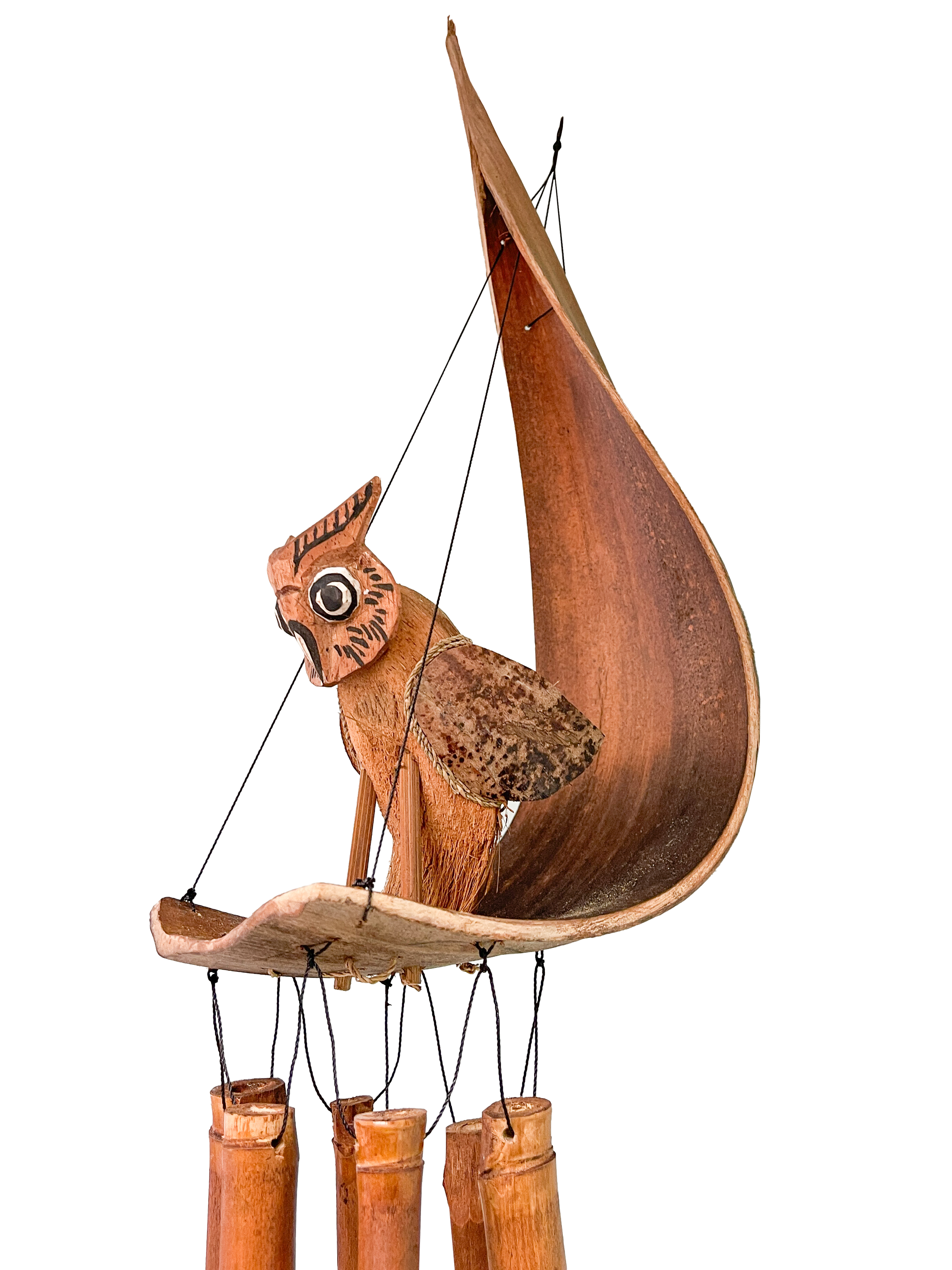 Bamboo Windchime with Sitting Owl On Palm Leaf