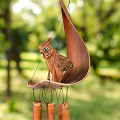 Bamboo Windchime with Sitting Owl On Palm Leaf