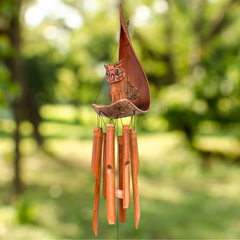 Bamboo Windchime with Sitting Owl On Palm Leaf