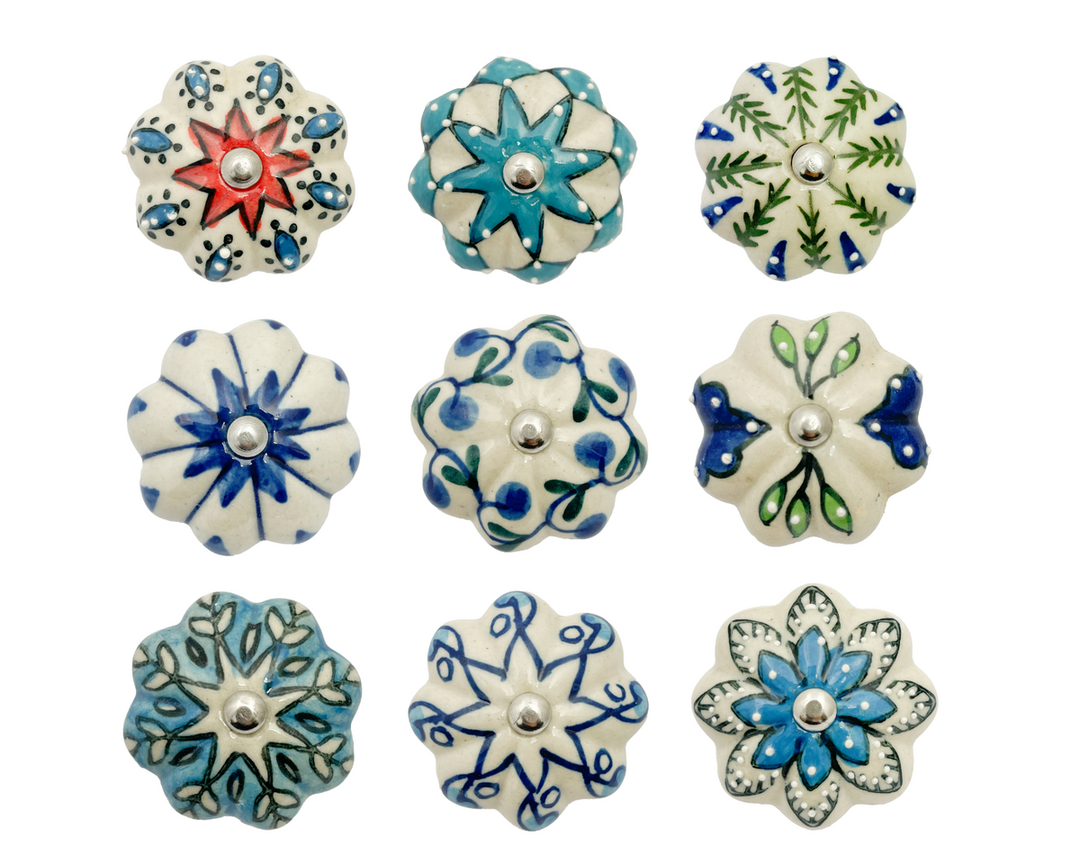 Blue & White Flower Ceramic Door Knobs - Assorted Designs