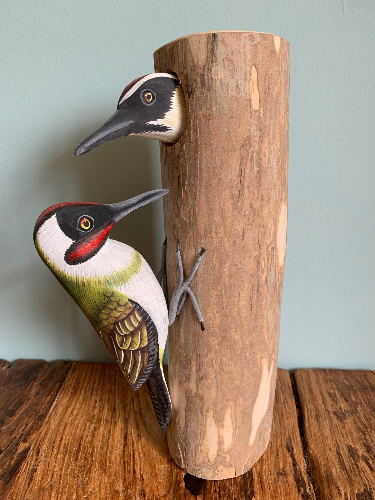 Handpainted Carved Green Woodpecker & Baby on Wood