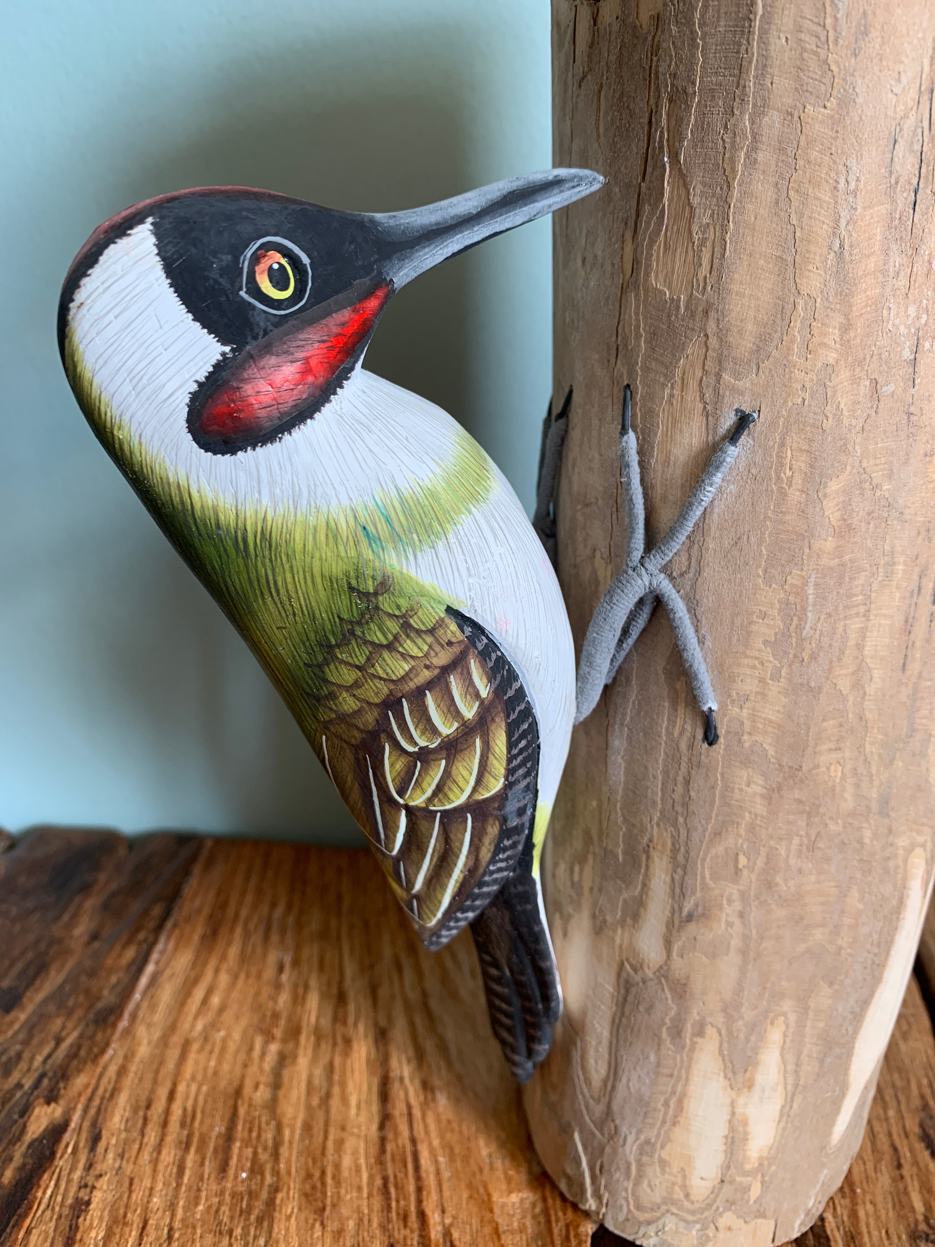 Handpainted Carved Green Woodpecker & Baby on Wood