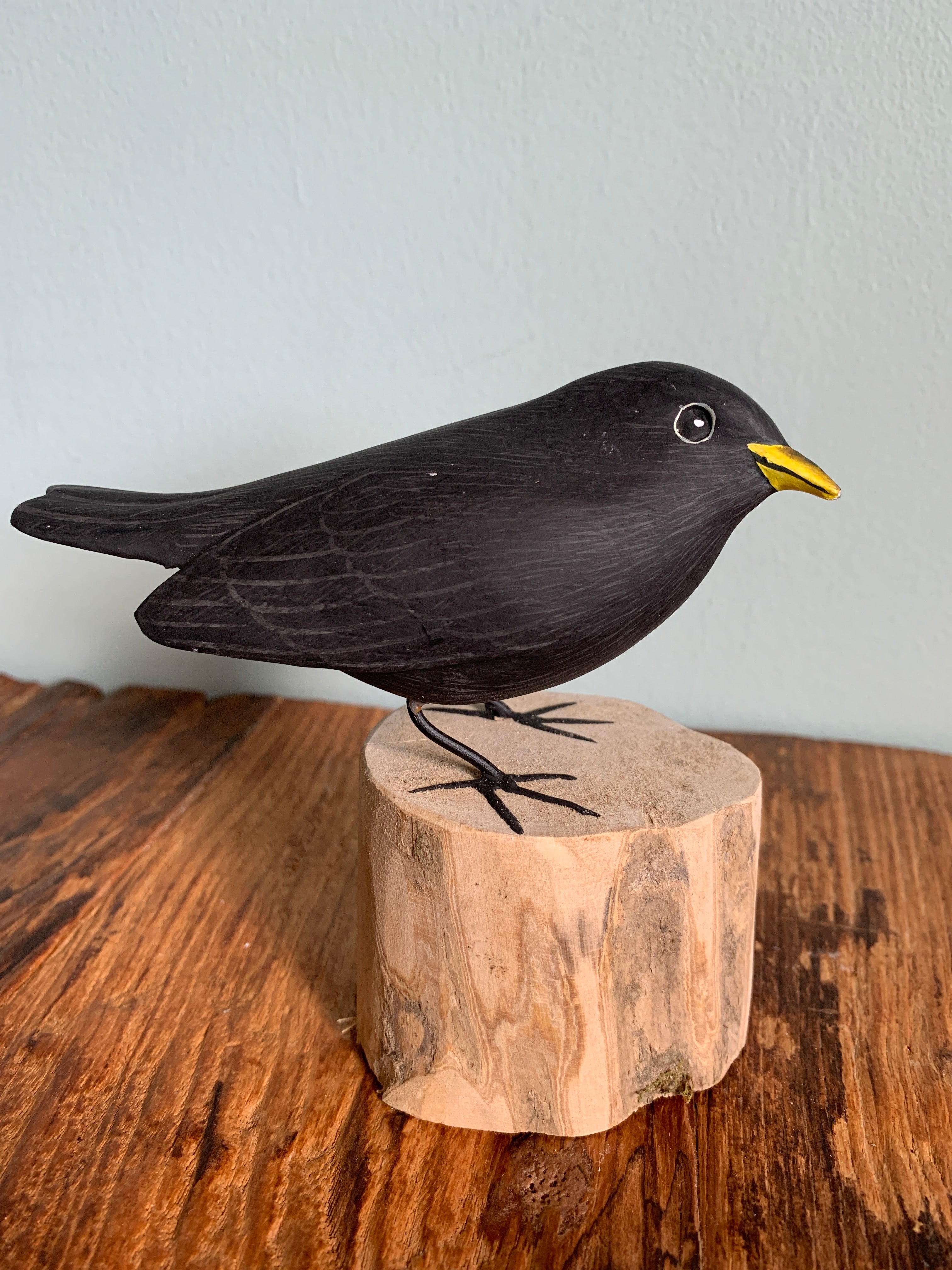 Handpainted Carved Blackbird on Wood