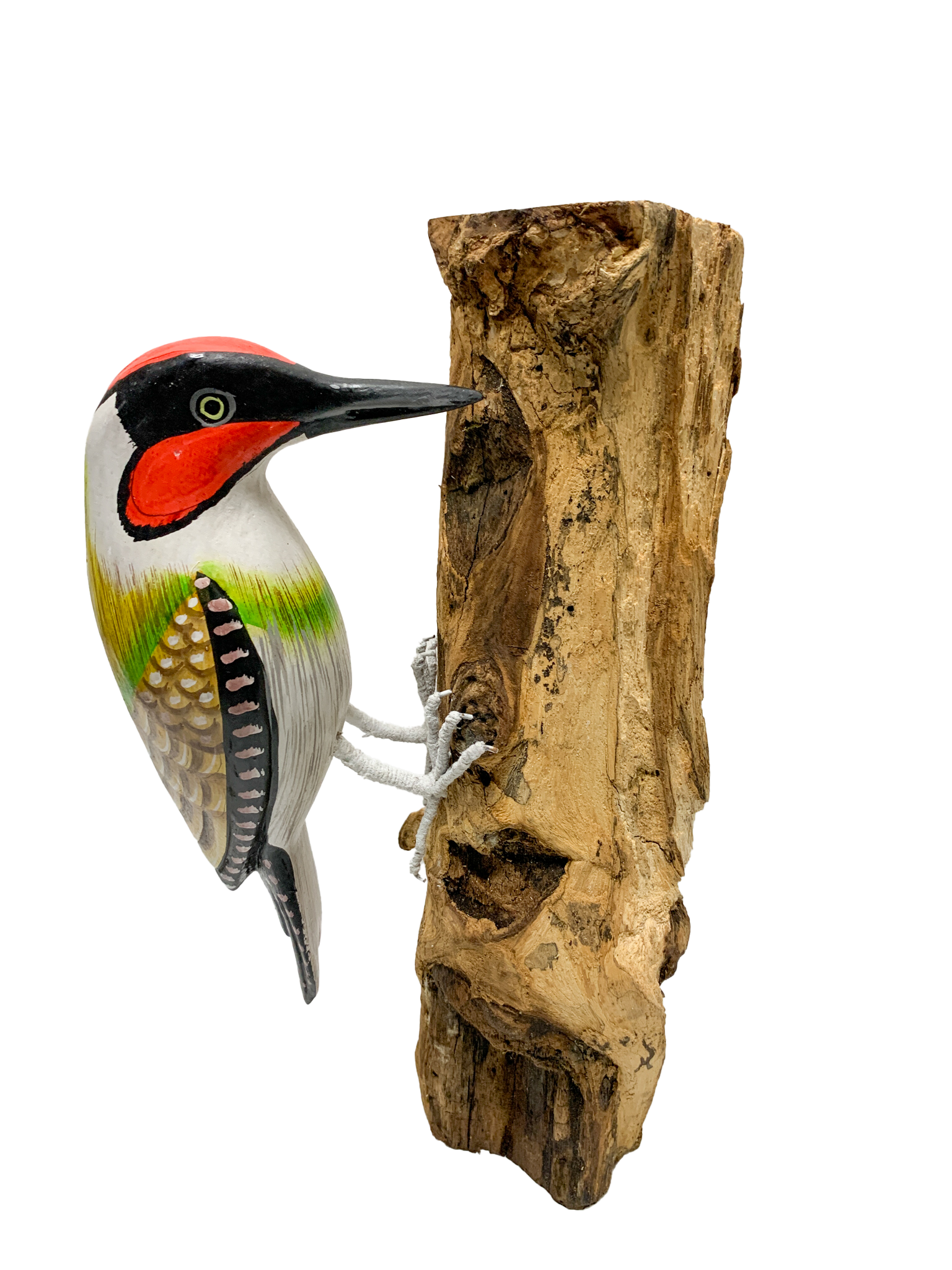 Handpainted Carved Wooden Green Woodpecker