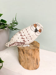 Handpainted Carved Wooden Owl - White