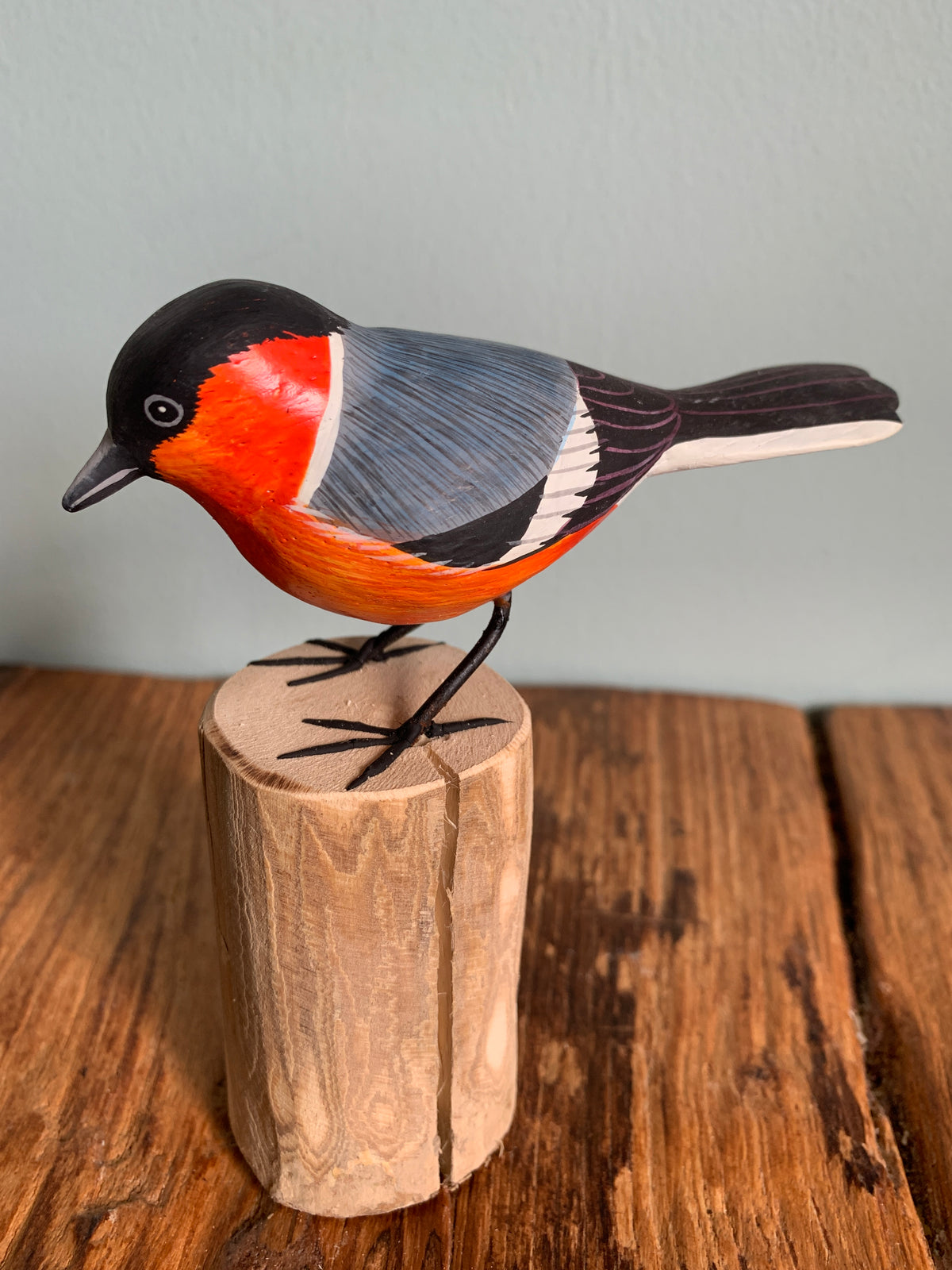 Handpainted Carved Wooden Bullfinch on Wood