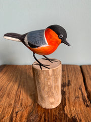 Handpainted Carved Wooden Bullfinch on Wood