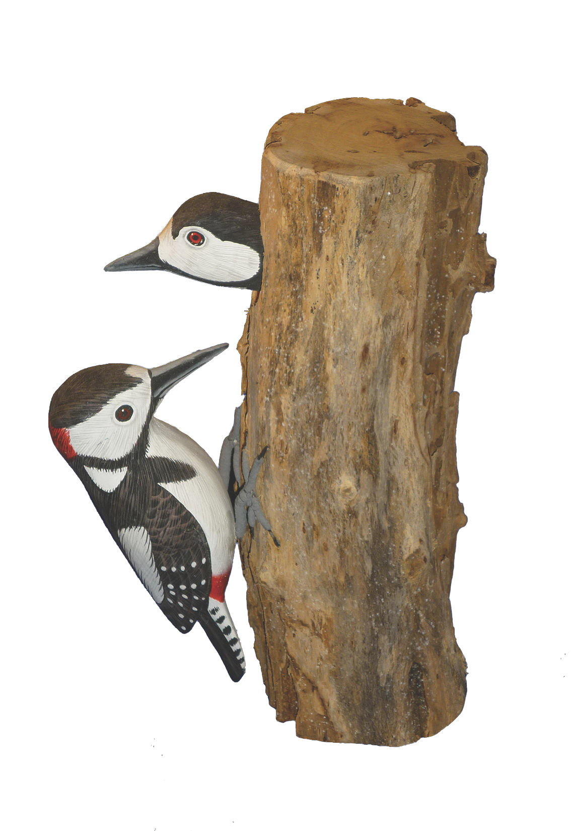 Handpainted Carved Spotted Woodpecker & Baby on Wood