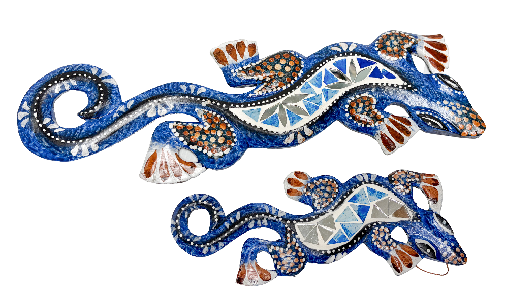 Wood Gecko With Mosaic Glass Blue - Various Sizes