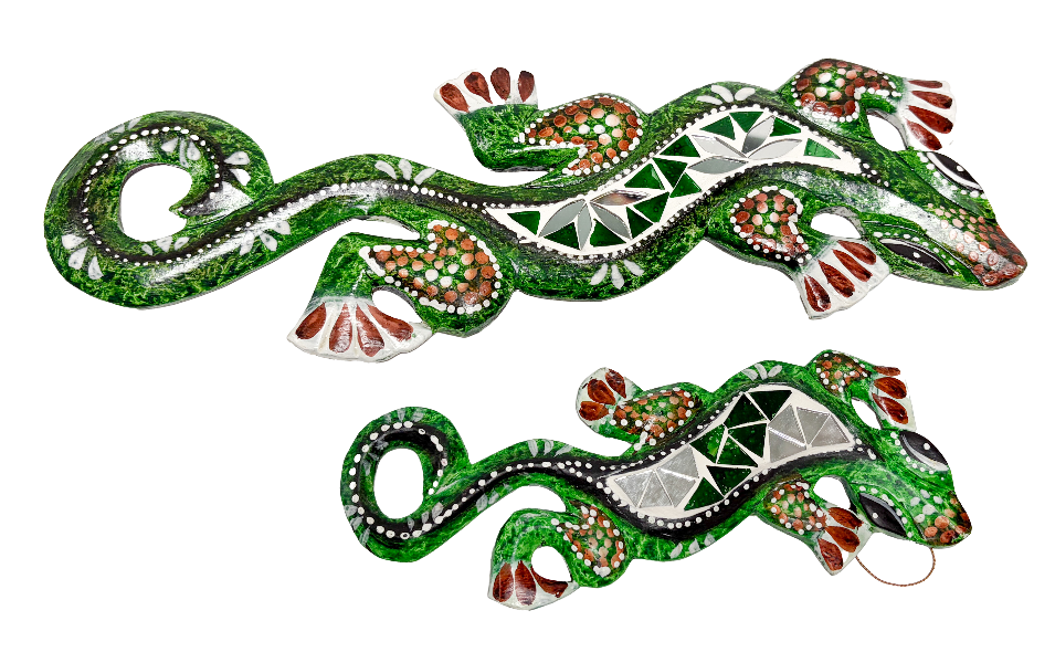 Wood Gecko With Mosaic Glass Green - Various Sizes