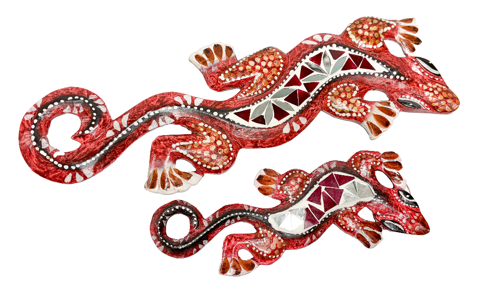 Wood Gecko With Mosaic Glass Red - Various Sizes