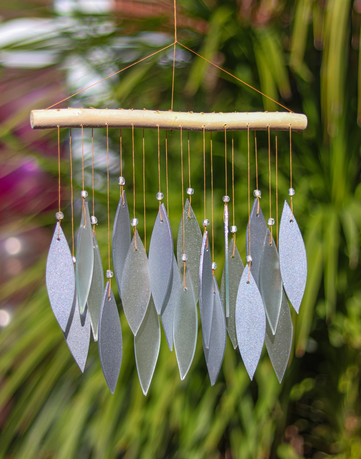 Glass Wind Chime Sparkling Silver Leaves