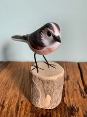 Handpainted Carved Long-tailed Tit on Wood