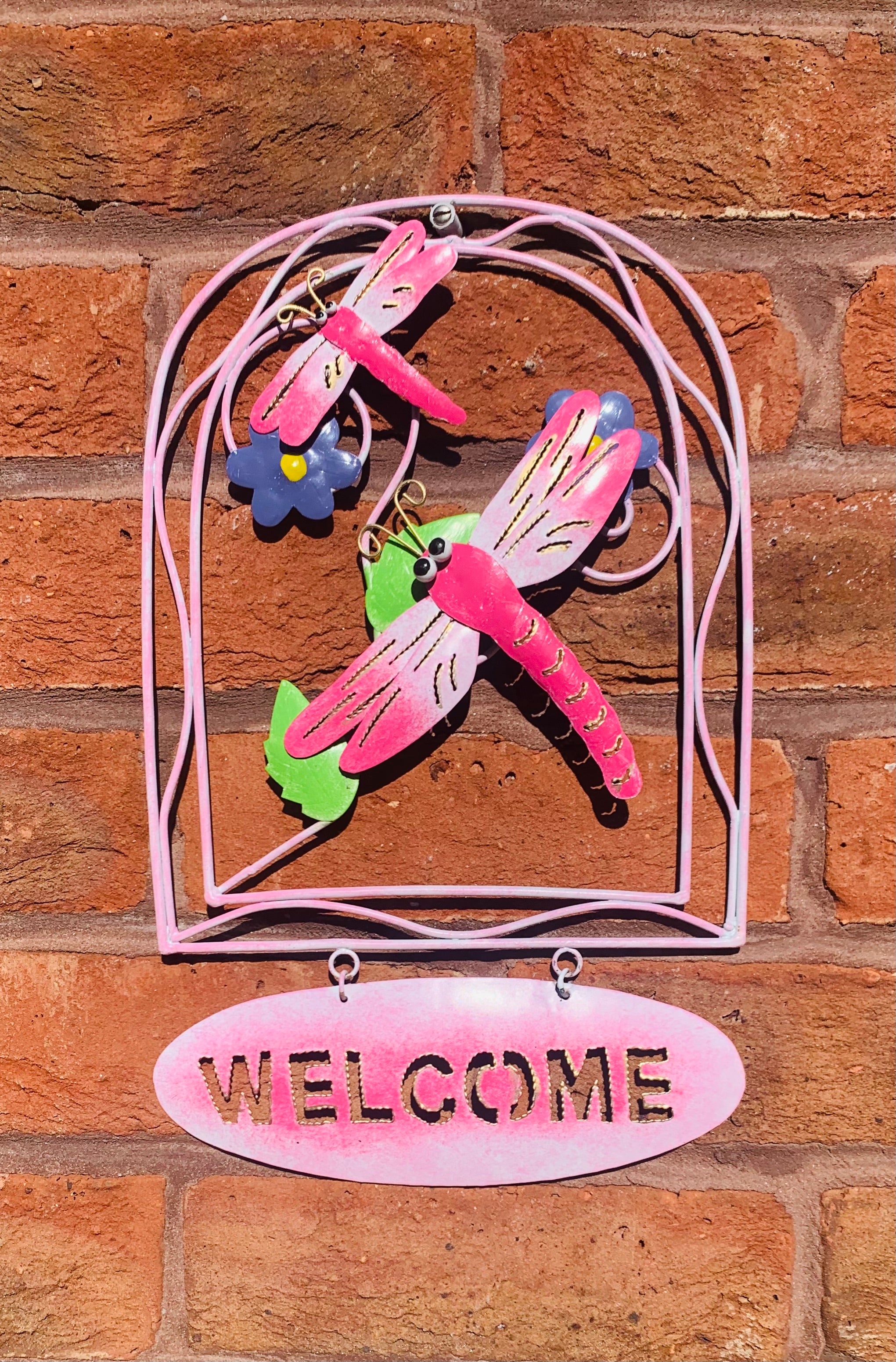 Multicoloured Metal Dragonflies Welcome Sign