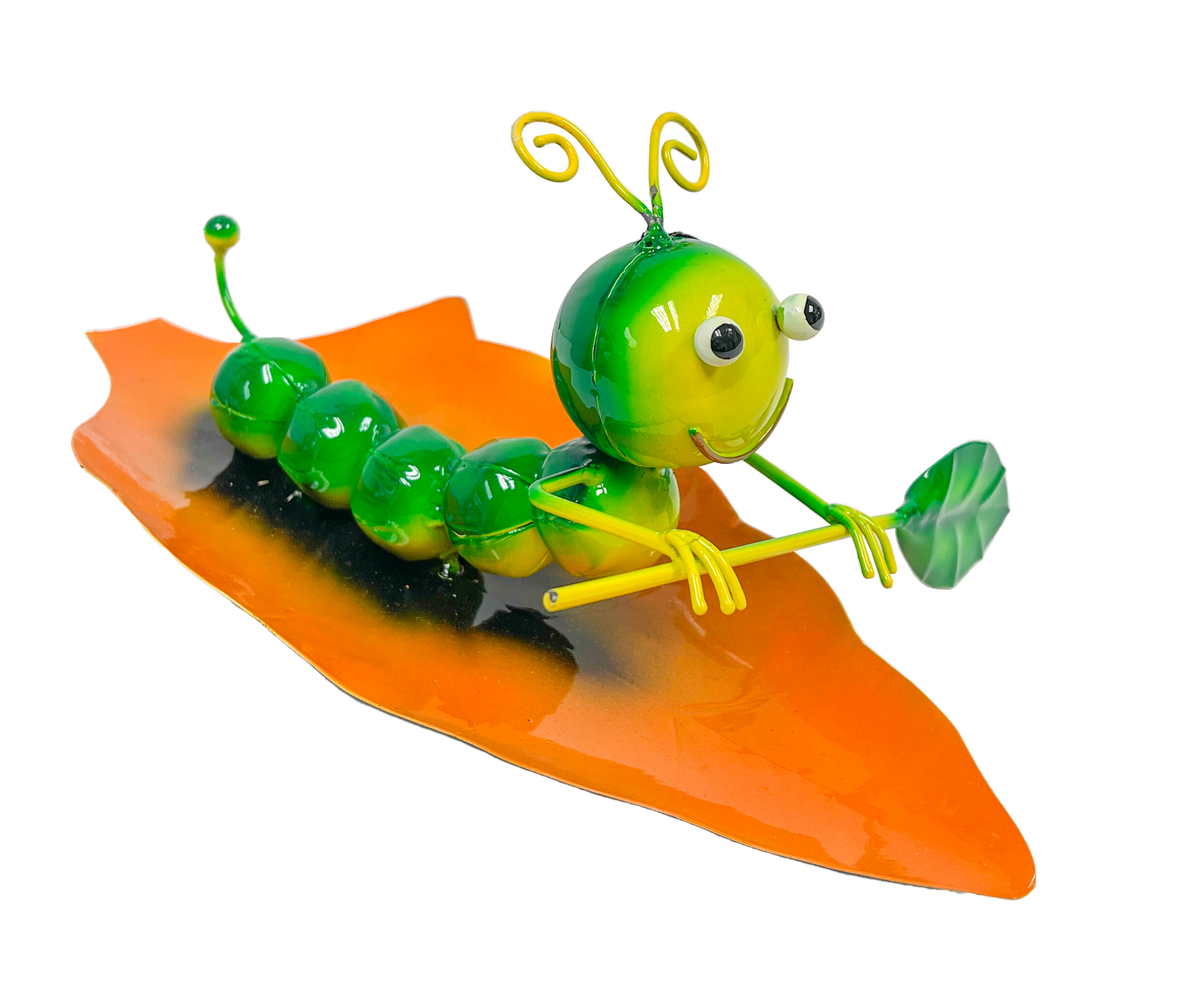 Painted Metal Caterpillar on Leaf Boat