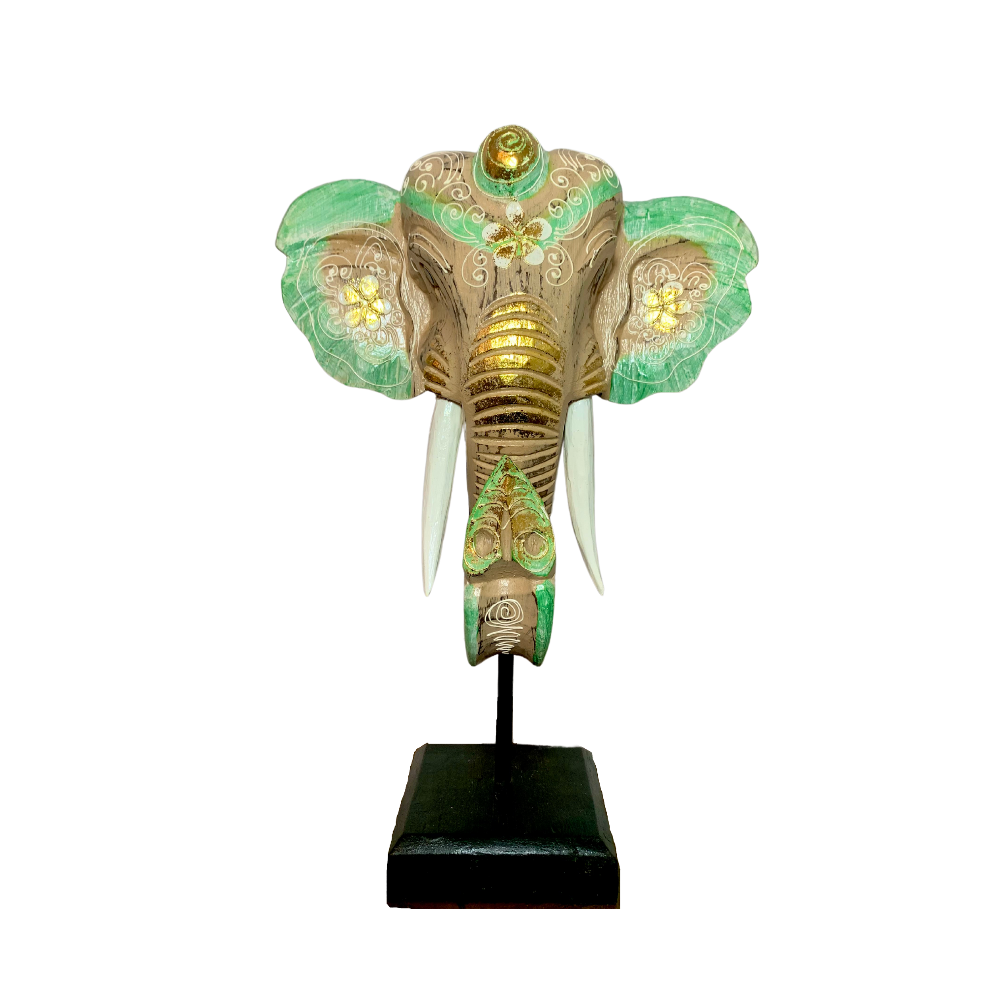 Elephant Mask On Plinth - Cream & Turquoise