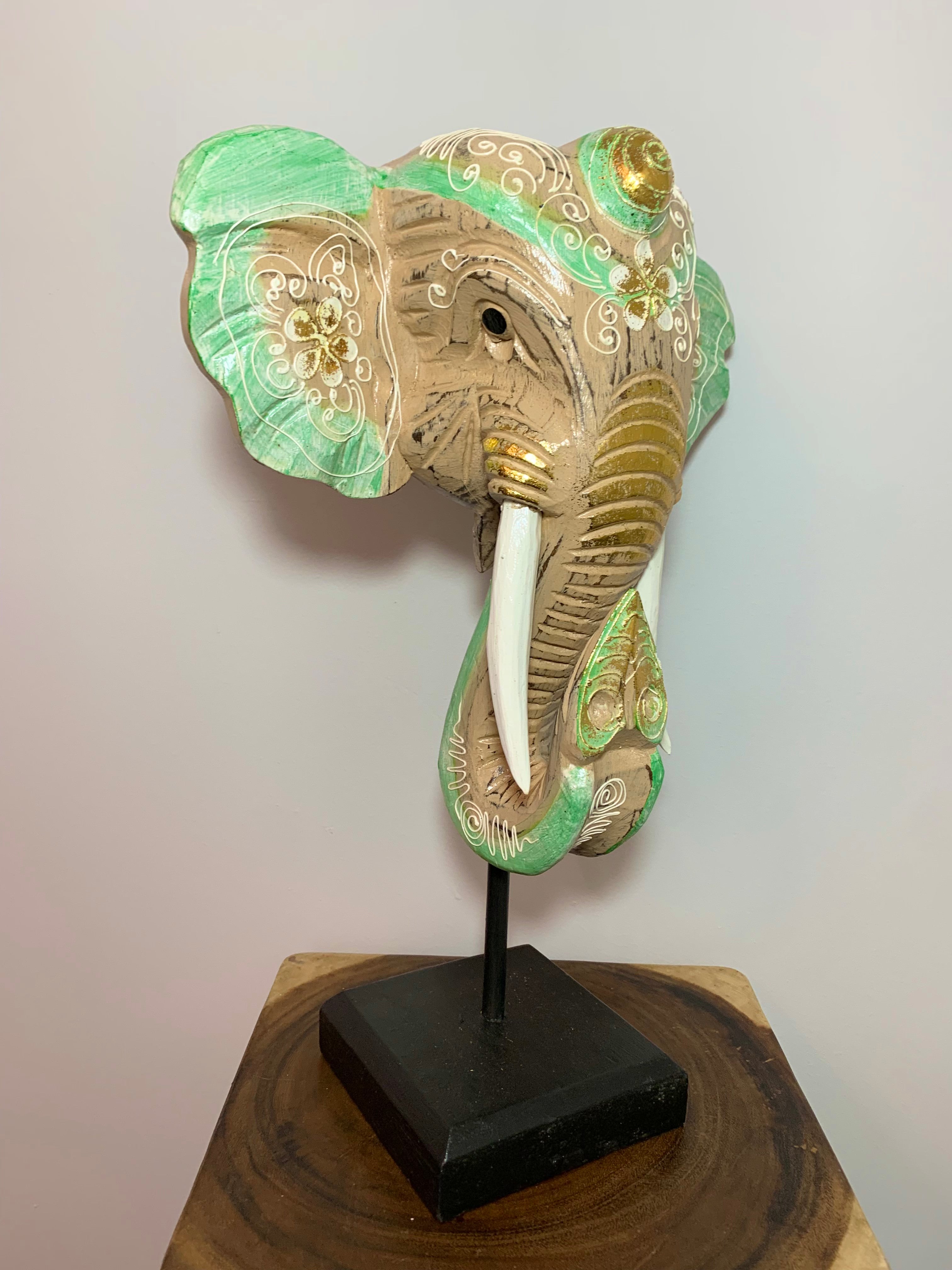 Elephant Mask On Plinth - Cream & Turquoise