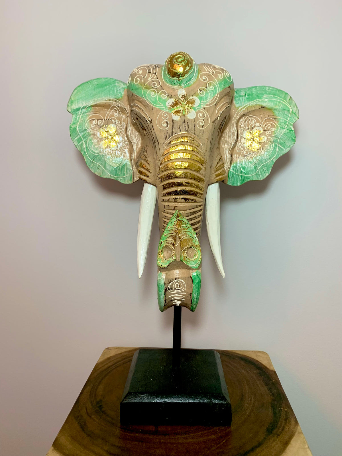 Elephant Mask On Plinth - Cream & Turquoise