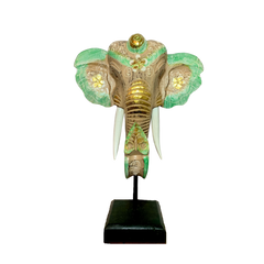 Elephant Mask On Plinth - Cream & Turquoise