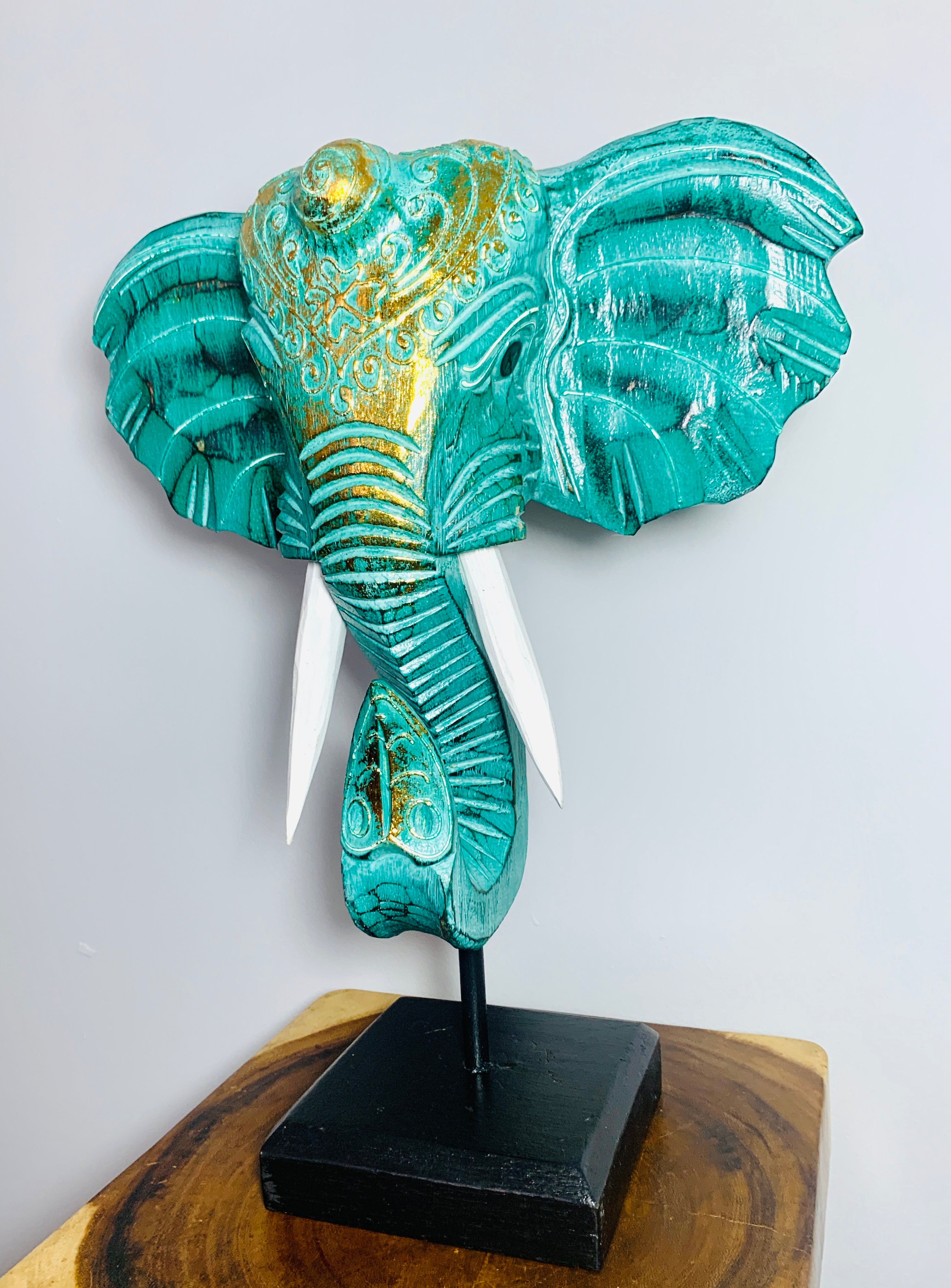 Elephant Mask On Plinth - Green & Gold